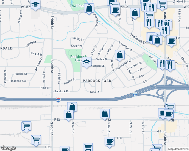 map of restaurants, bars, coffee shops, grocery stores, and more near 3524 South 91st Street in Omaha