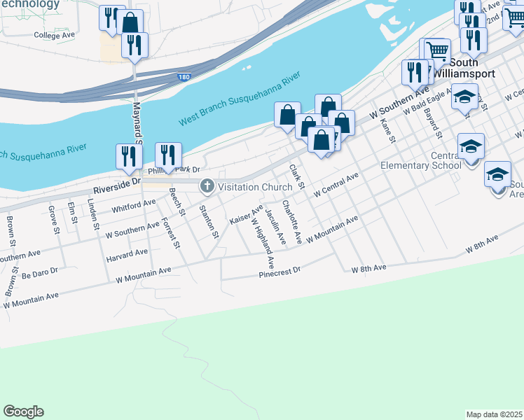 map of restaurants, bars, coffee shops, grocery stores, and more near 1432-1500 Kaiser Avenue in South Williamsport
