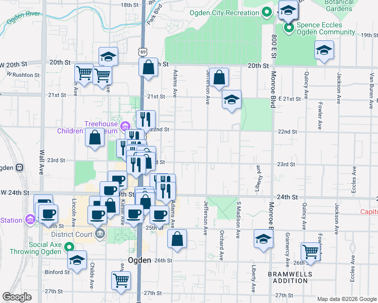 map of restaurants, bars, coffee shops, grocery stores, and more near 2240 Adams Avenue in Ogden