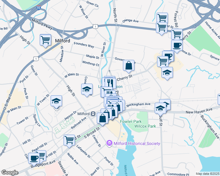 map of restaurants, bars, coffee shops, grocery stores, and more near 15 West Main Street in Milford