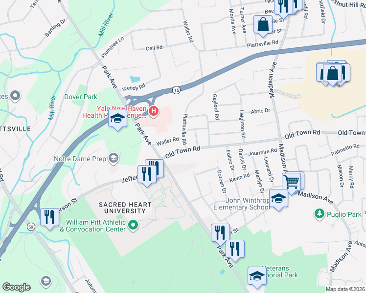 map of restaurants, bars, coffee shops, grocery stores, and more near 5 Waller Road in Bridgeport
