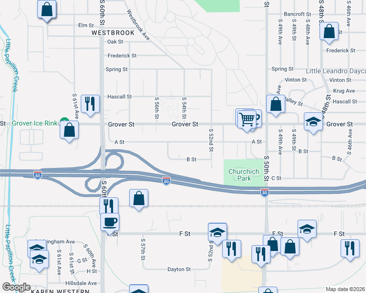 map of restaurants, bars, coffee shops, grocery stores, and more near 5314 A Street in Omaha