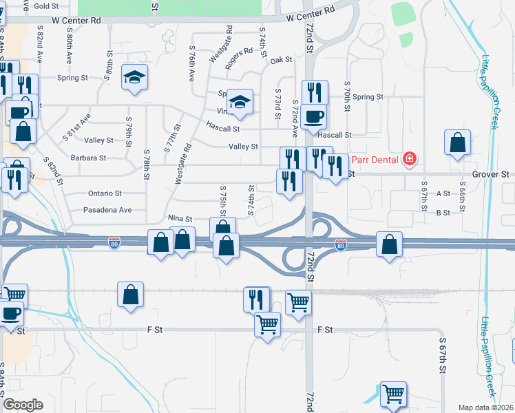 map of restaurants, bars, coffee shops, grocery stores, and more near 3703 South 74th Street in Omaha