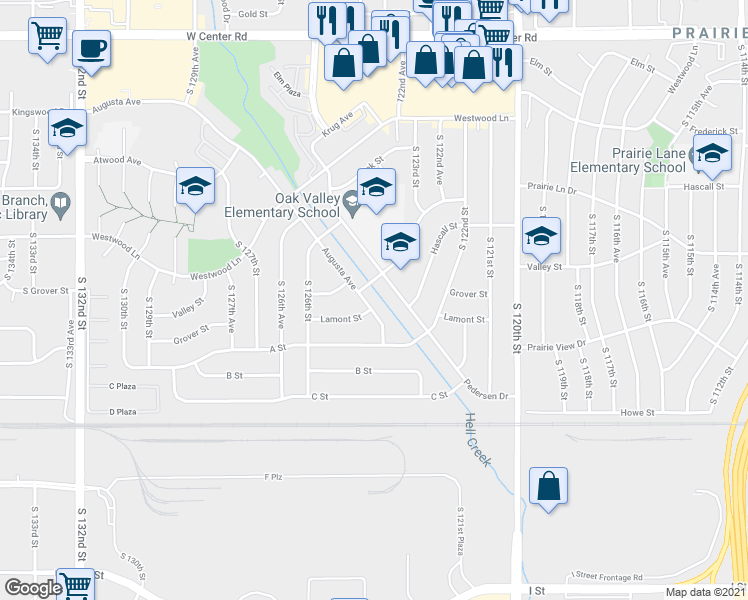 map of restaurants, bars, coffee shops, grocery stores, and more near 3342 Pedersen Drive in Omaha