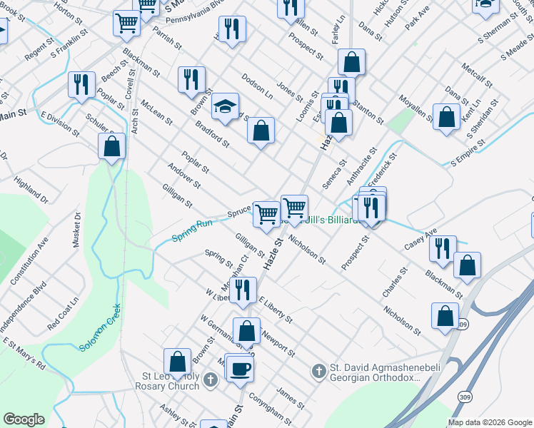 map of restaurants, bars, coffee shops, grocery stores, and more near 248 Luzerne Street in Wilkes-Barre