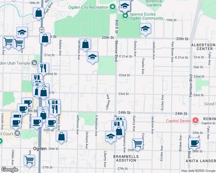 map of restaurants, bars, coffee shops, grocery stores, and more near 2259 Monroe Boulevard in Ogden