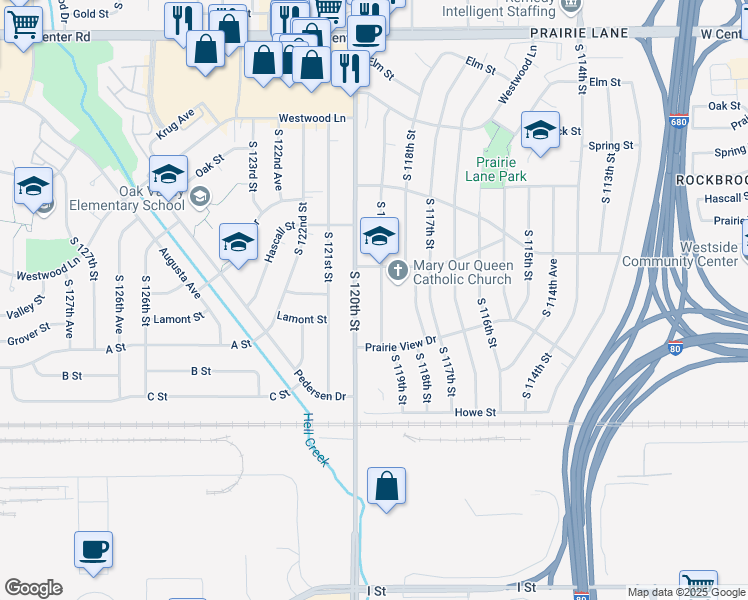 map of restaurants, bars, coffee shops, grocery stores, and more near 3425 South 120th Street in Omaha