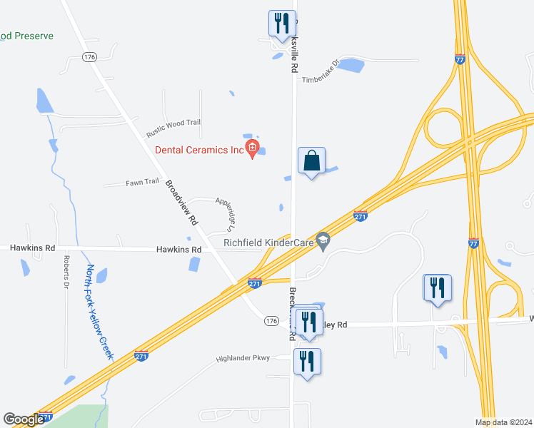 map of restaurants, bars, coffee shops, grocery stores, and more near 3308 Brecksville Road in Richfield