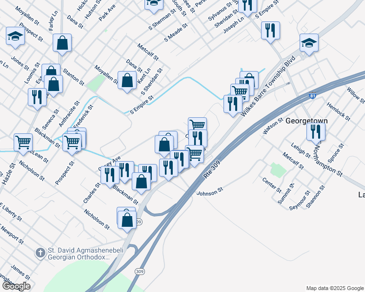 map of restaurants, bars, coffee shops, grocery stores, and more near 910 Wilkes Barre Township Boulevard in Wilkes-Barre Township