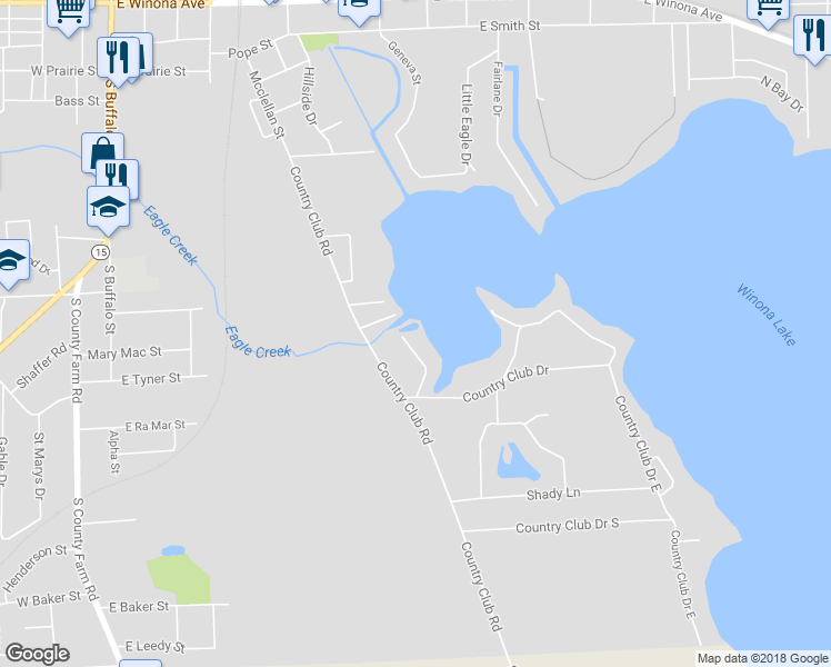 map of restaurants, bars, coffee shops, grocery stores, and more near 1119 Lakeshore Drive in Warsaw
