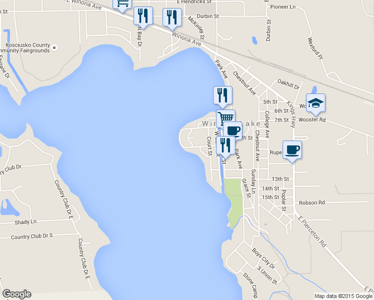 map of restaurants, bars, coffee shops, grocery stores, and more near 413 Auditorium Boulevard in Winona Lake