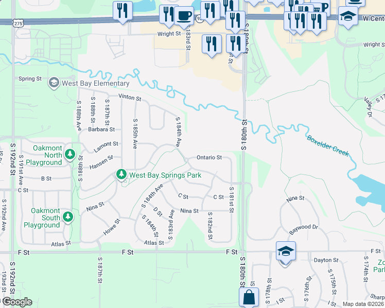 map of restaurants, bars, coffee shops, grocery stores, and more near 3515 South 184th Avenue in Omaha