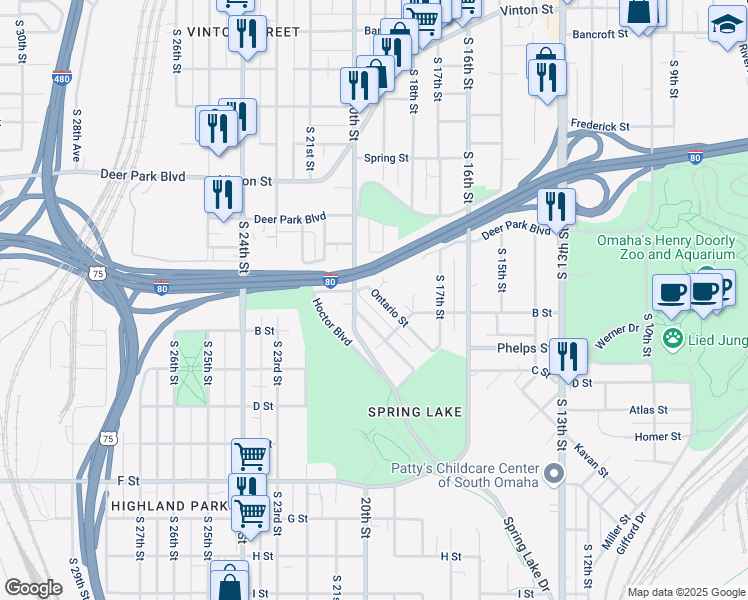 map of restaurants, bars, coffee shops, grocery stores, and more near 1833 Ontario Street in Omaha