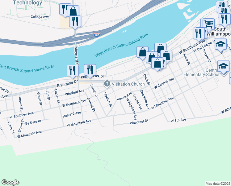 map of restaurants, bars, coffee shops, grocery stores, and more near 323 Meadow Street in South Williamsport