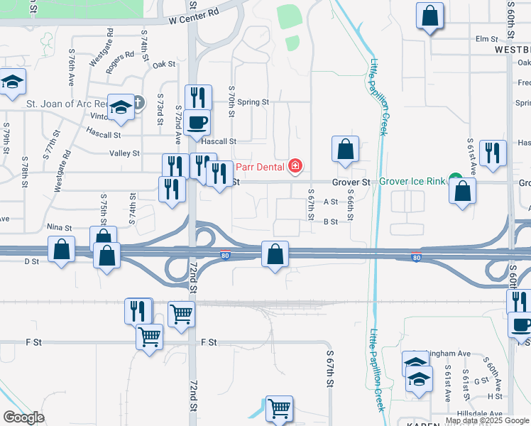 map of restaurants, bars, coffee shops, grocery stores, and more near 3606 South 69th Street in Omaha