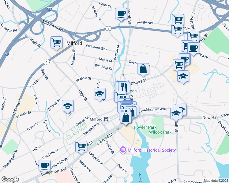 map of restaurants, bars, coffee shops, grocery stores, and more near 70 West River Street in Milford