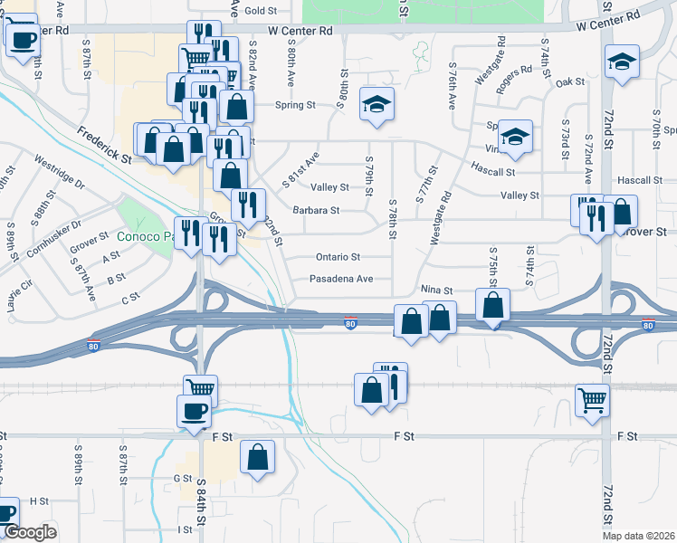 map of restaurants, bars, coffee shops, grocery stores, and more near 7907 Ontario Street in Omaha