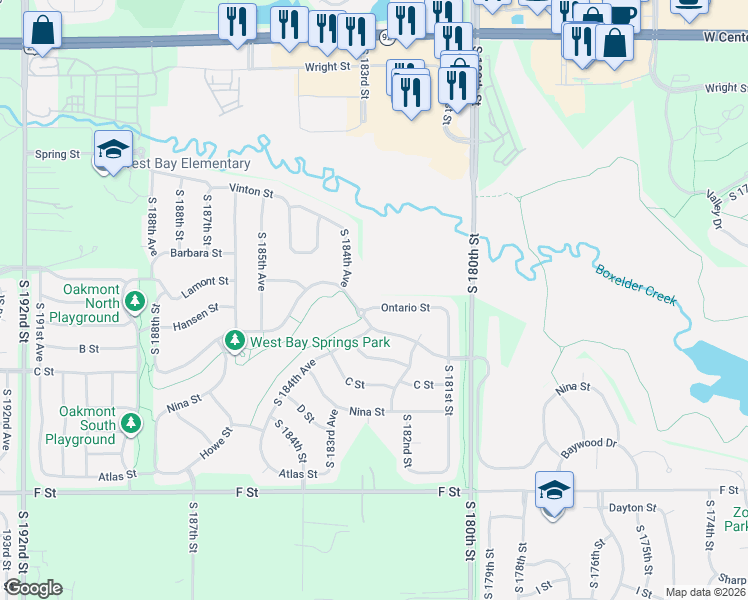 map of restaurants, bars, coffee shops, grocery stores, and more near 3515 South 184th Avenue in Omaha