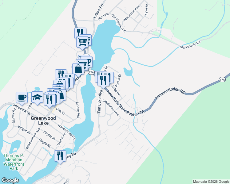 map of restaurants, bars, coffee shops, grocery stores, and more near 45 Lake Drive in Greenwood Lake
