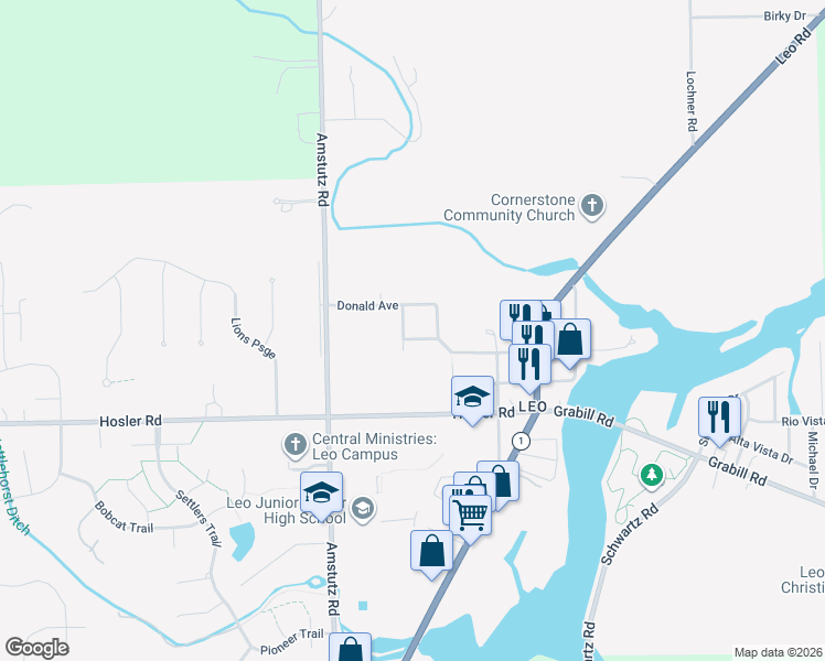 map of restaurants, bars, coffee shops, grocery stores, and more near 15215 Beulah Drive in Leo-Cedarville