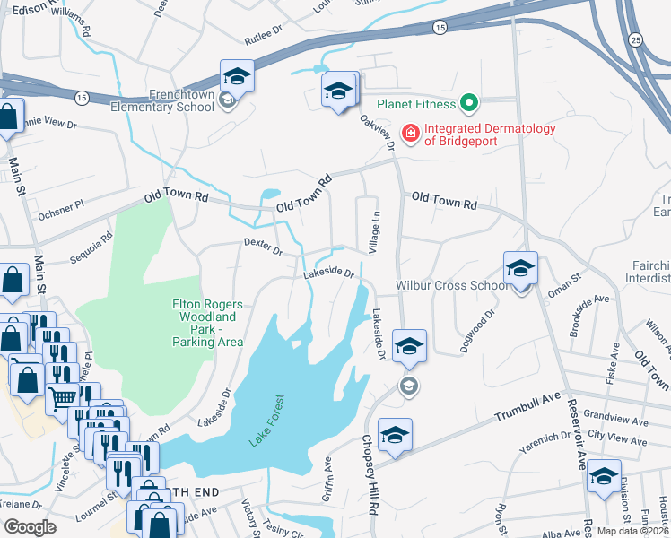 map of restaurants, bars, coffee shops, grocery stores, and more near 364 Lakeside Drive in Bridgeport