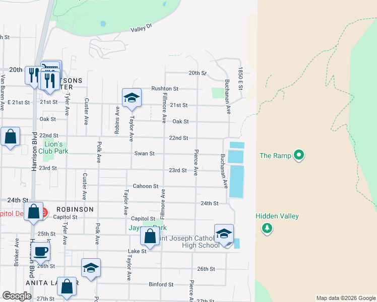 map of restaurants, bars, coffee shops, grocery stores, and more near 1670 Swan Street in Ogden
