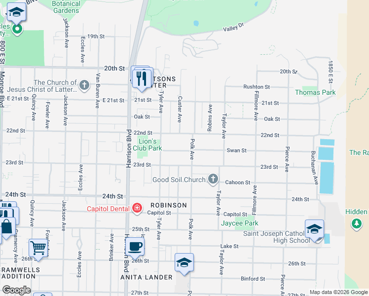 map of restaurants, bars, coffee shops, grocery stores, and more near 1382 Swan Street in Ogden