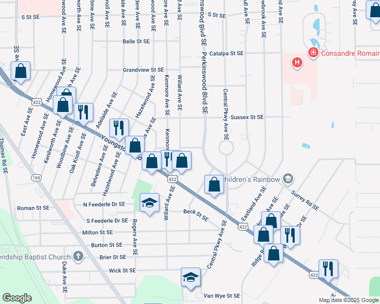 map of restaurants, bars, coffee shops, grocery stores, and more near 1116 Perkinswood Boulevard Southeast in Warren