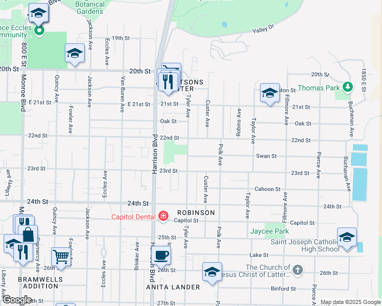 map of restaurants, bars, coffee shops, grocery stores, and more near 1302 Swan Street in Ogden