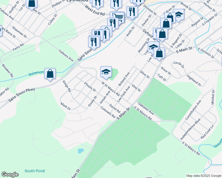map of restaurants, bars, coffee shops, grocery stores, and more near W St Marys Rd in Luzerne