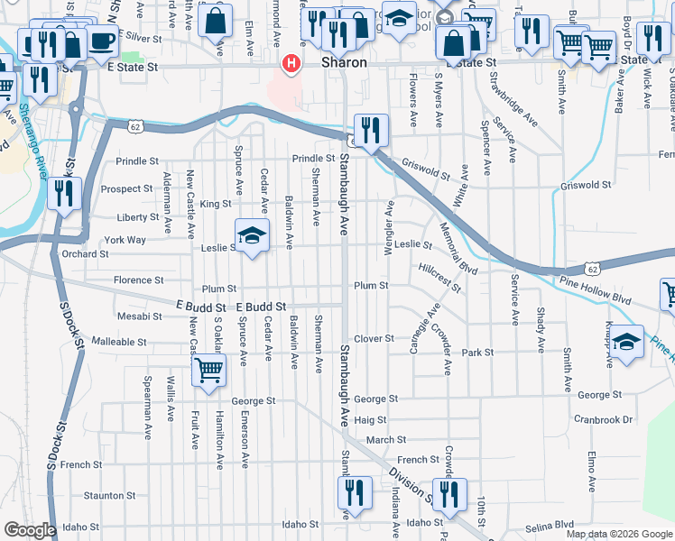 map of restaurants, bars, coffee shops, grocery stores, and more near 511 Stambaugh Avenue in Sharon