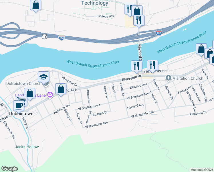 map of restaurants, bars, coffee shops, grocery stores, and more near 2201-2299 Riverside Drive in South Williamsport