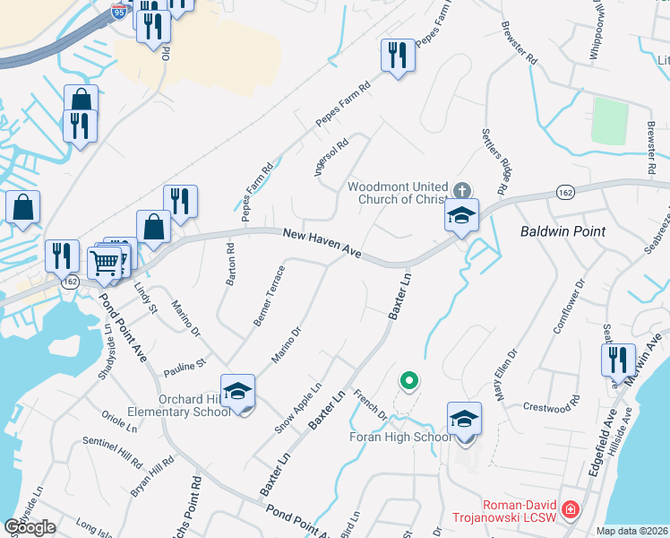 map of restaurants, bars, coffee shops, grocery stores, and more near 24 Clark Hill Road in Milford