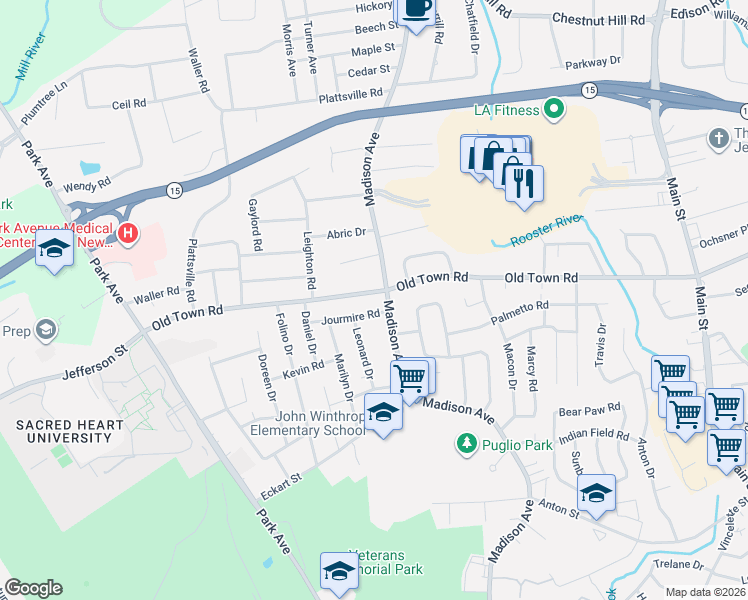 map of restaurants, bars, coffee shops, grocery stores, and more near 3432 Old Town Road in Bridgeport