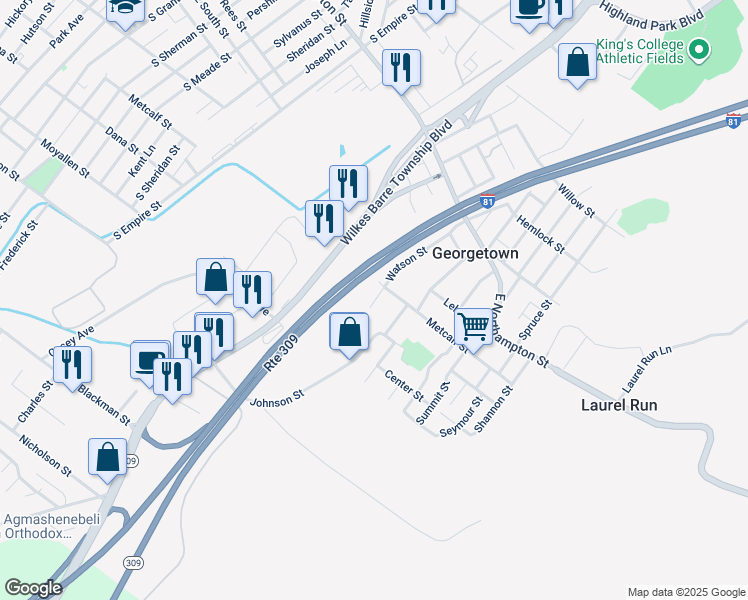 map of restaurants, bars, coffee shops, grocery stores, and more near 696-700 Metcalf St in Wilkes-Barre Township