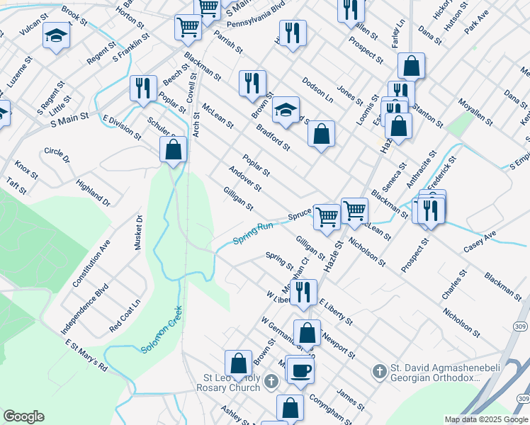 map of restaurants, bars, coffee shops, grocery stores, and more near 114 Gilligan Street in Wilkes-Barre
