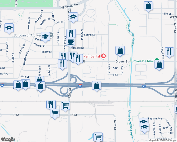 map of restaurants, bars, coffee shops, grocery stores, and more near 3531 South 70th Street in Omaha