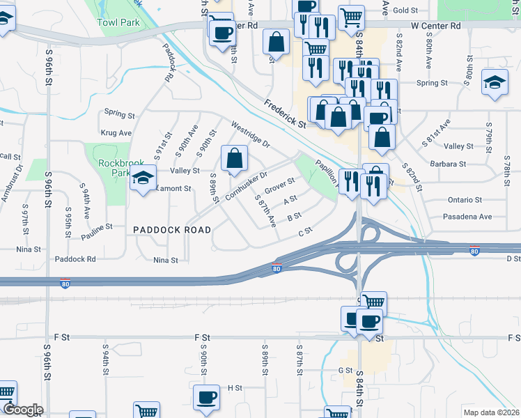 map of restaurants, bars, coffee shops, grocery stores, and more near 3518 South 87th Avenue in Omaha