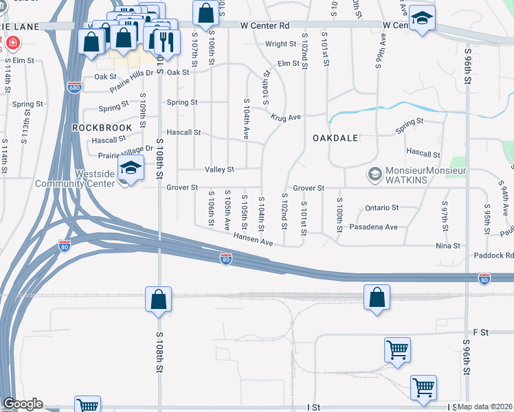 map of restaurants, bars, coffee shops, grocery stores, and more near 3523 South 104th Street in Omaha