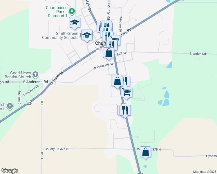 map of restaurants, bars, coffee shops, grocery stores, and more near 53-115 Holiday Park in Churubusco