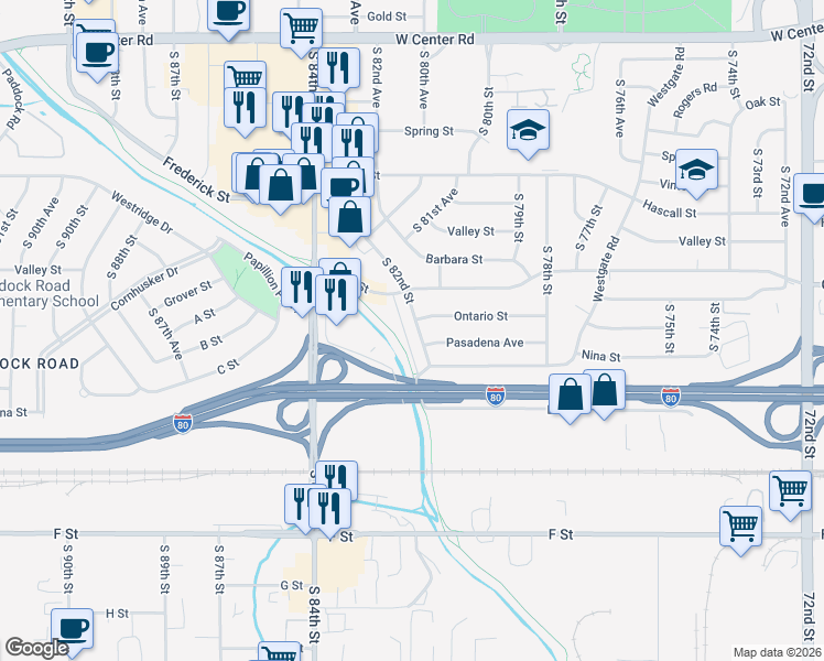 map of restaurants, bars, coffee shops, grocery stores, and more near 3606 South 82nd Street in Omaha
