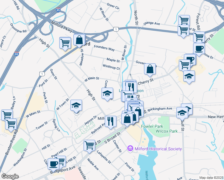 map of restaurants, bars, coffee shops, grocery stores, and more near 70 West River Street in Milford