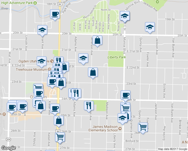 map of restaurants, bars, coffee shops, grocery stores, and more near 2248 Jefferson Avenue in Ogden