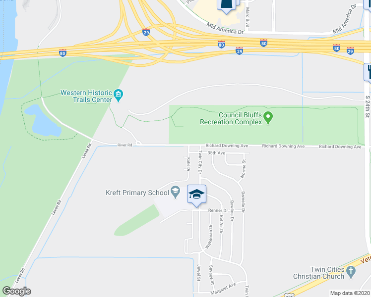 map of restaurants, bars, coffee shops, grocery stores, and more near 3400 Katie Drive in Council Bluffs