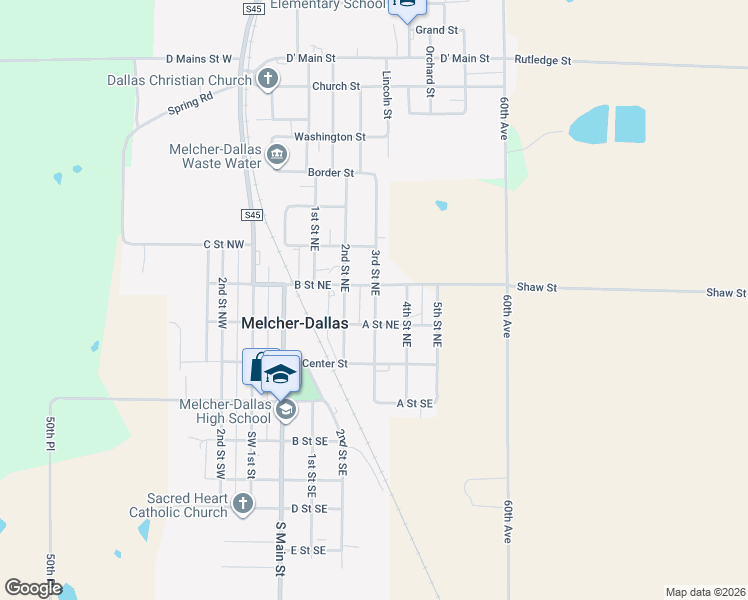 map of restaurants, bars, coffee shops, grocery stores, and more near 214 2nd Street Northeast in Melcher-Dallas