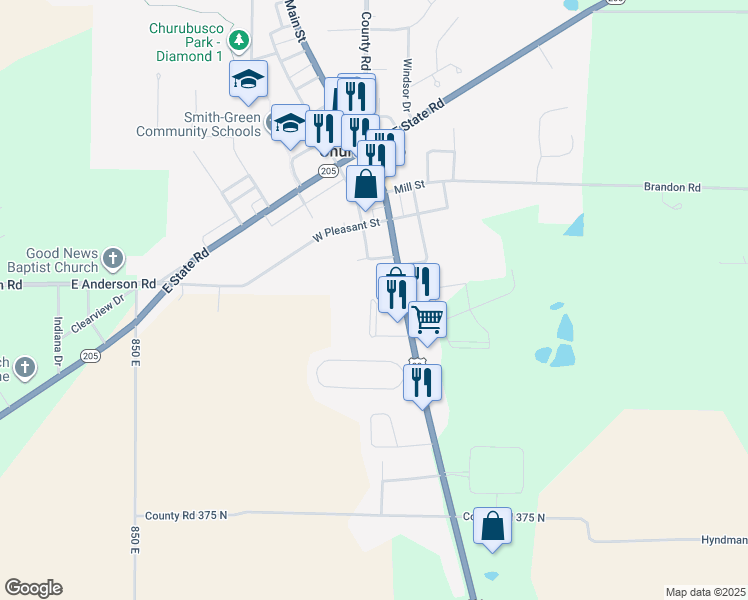 map of restaurants, bars, coffee shops, grocery stores, and more near 53 Holiday Park in Churubusco
