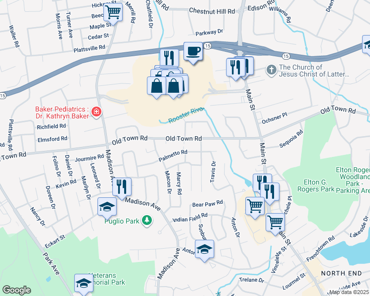 map of restaurants, bars, coffee shops, grocery stores, and more near 3015 Old Town Road in Bridgeport