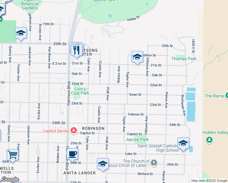 map of restaurants, bars, coffee shops, grocery stores, and more near 1436 Swan Street in Ogden