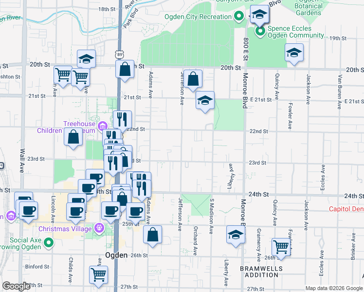 map of restaurants, bars, coffee shops, grocery stores, and more near 2238 Jefferson Avenue in Ogden