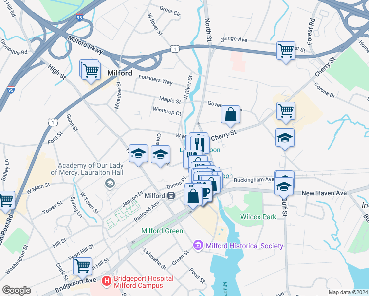 map of restaurants, bars, coffee shops, grocery stores, and more near 70 West River Street in Milford